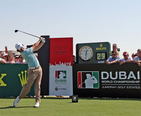 Rory McIlroy of Northern Ireland tees off at the Race to Dubai tournament.