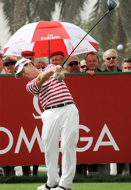 American legend Tom Watson lets fly off the tee on Day One of the Omega Dubai Desert Classic at Emirates Golf Club. 