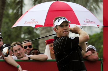 Lee Westwood in action at the Omega Dubai Desert Classic. 