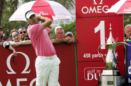 Alvaro Quiros of Spain, the joint overnight leader, gets his final round of the Omega Dubai Desert Classic under way at the Emirates Golf Club.