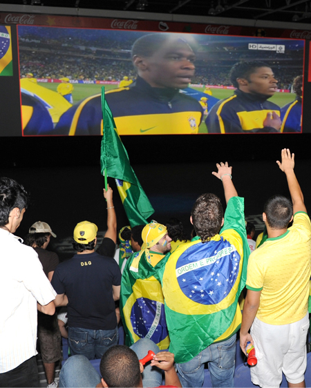 Brazil fans enjoying the spirit of the FIFA World Cup games aired live on Dubai’s biggest screen in Sheikh Saeed Hall 3 at the Dubai World Trade Centre