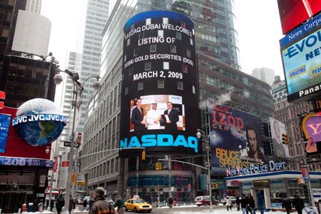 Nasdaq Tower in New York announcing the successful listing of the Dubai Gold Securities on NASDAQ Dubai 