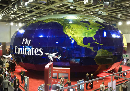 The eye-catching Emirates Globe. At 9.5 metres high and with a circumference of 65 metres, this mammoth rotating structure has been rejuvenated for ATM 2009 with some impressive new display features.