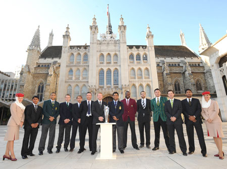 The 12 skippers who will be fighting each other for the right to lift the ICC World Twenty20 trophy were joined outside London’s Guildhall by Emirates airline cabin crew members.